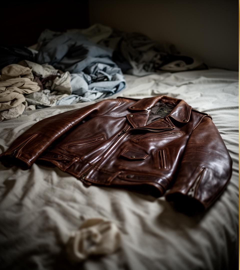Original phone photo of a brown leather jacket